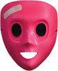Hot pink plastic full-face costume mask with black oval eyes, smiling mouth, and a pale bandage detail on the forehead.