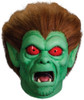 Latex werewolf costume mask with green skin, red eyes, open snarling mouth with fangs, and brown frizzy hair.
