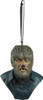 Wolfman bust ornament with detailed fur texture, fanged snout, and blue shirt collar, hanging from a brown ribbon loop.