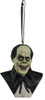 Phantom of the Opera horror bust ornament with ghoulish green face, black cape, and brown ribbon hanger against white back…