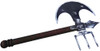 Replica Jeepers Creepers movie axe prop with dark wood handle, large curved blade, and three-pronged fork end.