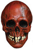 Blood-red latex skull Halloween mask with hollow eye sockets, cracked texture, and exposed yellowed teeth on white backgro…