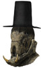 Scarecrow Halloween mask with torn burlap face, protruding boar tusks, and attached black pilgrim-style top hat.