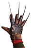 Freddy Krueger collector's glove with four long metal blades, distressed brown leather knuckle plates, rivets, and red-cuf…