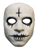 White Halloween costume mask with black painted cross on forehead, jagged teeth around mouth, and darkened eye cutouts.