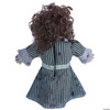 Back view of a 14-inch vintage doll with curly brown hair wearing a teal striped dress with ruffled sleeves and mint belt.
