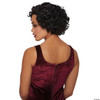 Black short curly flapper wig shown from the back on a model wearing a burgundy velvet dress, with finger-wave styling at…