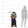 Animated 45-inch seated scarecrow Halloween prop holding chainsaw overhead, shown beside height chart and woman silhouette…