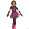 Girl wearing black and pink skeleton Halloween costume with tutu skirt, glitter bone print, arm warmers, leggings, and pin…