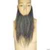 Mannequin wearing a long gray 16-inch full-face costume beard with natural-looking blended hair strands.