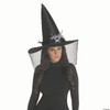 Adults Black Poiyester Witch Hat with Feathers, Spider Bling & Net Veil Costume Accessory