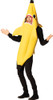 Adult wearing a yellow banana-shaped costume with a shark face opening, jagged red teeth detail, paired with black underla…