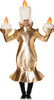 Adult wearing a gold metallic candelabra costume with white candle headpiece and flame accents on outstretched arms.