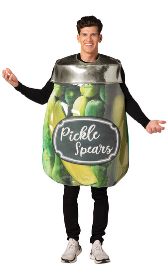 Man wearing a Rasta Imposta Pickle Spears jar Halloween costume tunic over a black long-sleeve shirt with white sneakers.