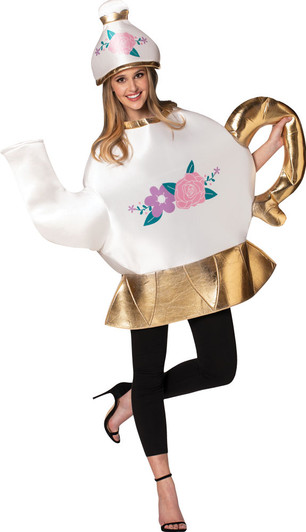 Woman wearing a white and gold teapot Halloween costume with floral design, matching lid hat, black leggings, and heels.