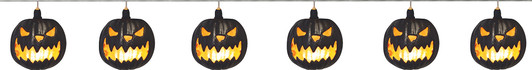String of six glowing black jack-o-lantern lights with orange illuminated carved faces on a white wire garland.