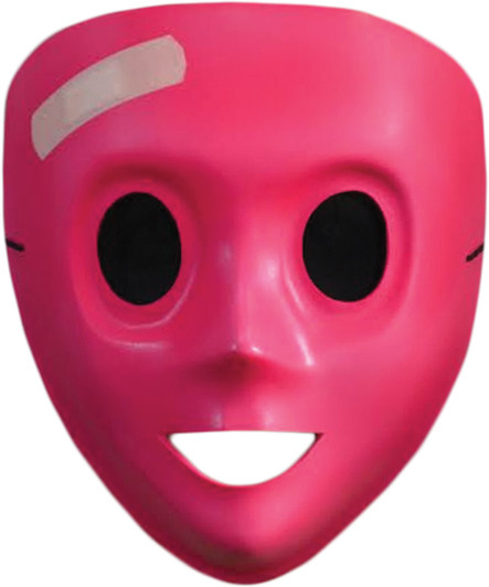 Hot pink plastic full-face costume mask with black oval eyes, smiling mouth, and a pale bandage detail on the forehead.