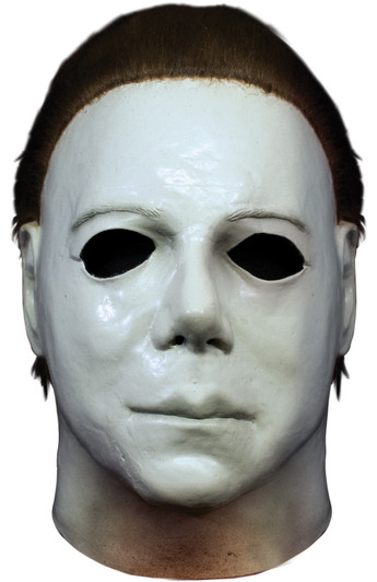 Trick or Treat Studios Michael Myers Boogeyman latex mask with white face and dark brown hair on white background.