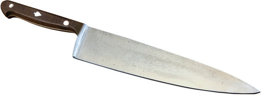 Replica butcher knife prop with worn stainless steel blade and dark brown wooden handle with two rivets.