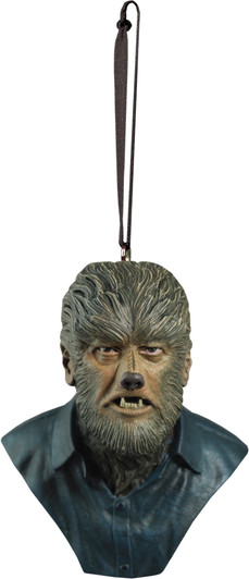 Wolfman bust ornament with detailed fur texture, fanged snout, and blue shirt collar, hanging from a brown ribbon loop.