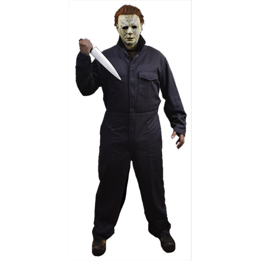 Adult Halloween Michael Myers costume with dark coveralls, pale latex mask, brown hair, and prop kitchen knife.