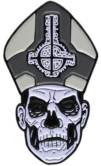 Hard enamel pin depicting Ghost's Papa Emeritus II skull face with gray papal mitre featuring a decorative cross emblem.