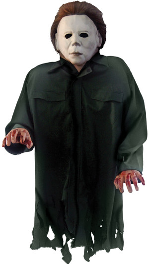 Michael Myers Halloween hanging prop with white mask, dark green tattered jumpsuit, and bloody hands detail against white…