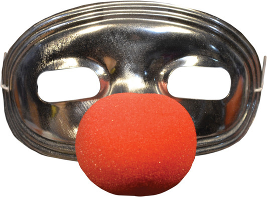 Silver metallic half-mask with oval eye holes and attached red foam clown nose, shown on white background.