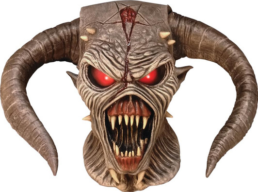 Iron Maiden Legacy of the Beast Eddie latex Halloween mask with large curled horns, glowing red eyes, and open fanged mouth.