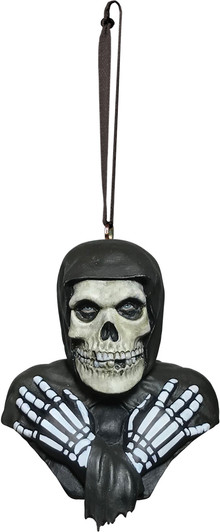 Misfits Fiend bust ornament with skull face, black hood, and skeleton hands, hanging from a black cord against white backg…