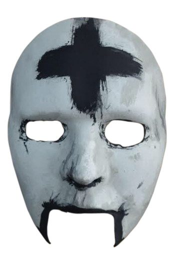 White hard Halloween mask with black painted cross on forehead, oval eye holes, and black brushstroke chin detail.