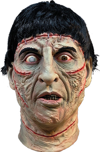 Latex full-head Frankenstein monster mask with stitched scars, mismatched zombie eyes, rotted teeth, and short black hair.