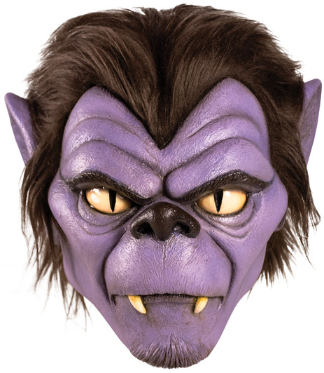 Purple latex wolfman Halloween mask with yellow cat eyes, fanged teeth, pointed ears, and brown shaggy hair detailing.