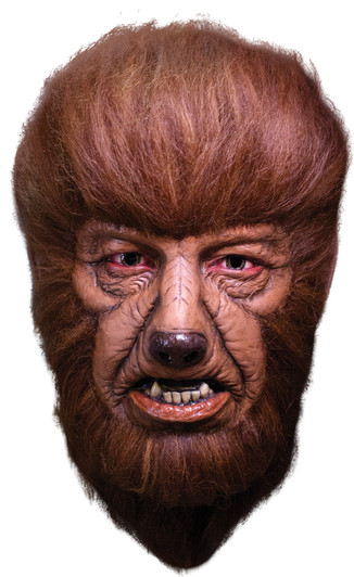 Trick or Treat Studios Wolfman latex Halloween mask with brown fur, snout, fangs, and red-rimmed eyes on white background.