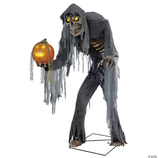 7-foot animated Halloween prop of a hunched skeleton ghoul in tattered gray robes holding a lit jack-o'-lantern with glowi…