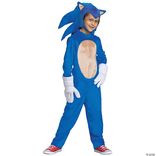 Child wearing blue Sonic the Hedgehog movie jumpsuit costume with character hood, tan belly panel, and white oversized glo…