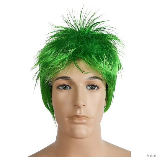 Mannequin head wearing a bright green spiky punk-style costume wig with wild, jagged strands sticking upward.