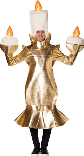 Adult wearing a gold metallic candelabra costume with white candle headpiece and flame accents on outstretched arms.