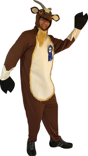 Adult wearing a brown goat costume onesie with hood, horns, tan belly, hooved gloves, and a blue first-place ribbon on chest.