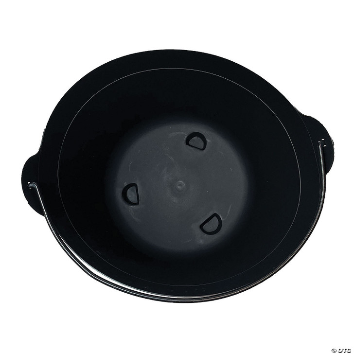 Black plastic cauldron-style bucket viewed from above, showing round interior with side handles, Halloween kettle design.