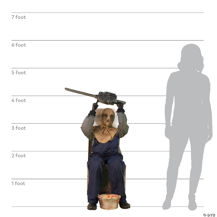Animated 45-inch seated scarecrow Halloween prop holding chainsaw overhead, shown beside height chart and woman silhouette…