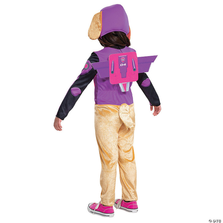 Toddler wearing PAW Patrol Skye costume with purple jacket, pink jet pack, tan pants with tail, and dog ear hood, shown fr…