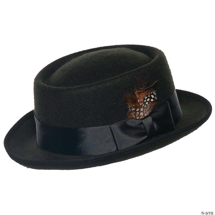 Adult's Black Pork Pie Hat with Feather