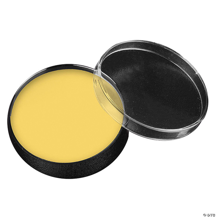 Open round compact of Mehron yellow cream makeup with clear lid removed, showing smooth pale yellow greasepaint in black c…