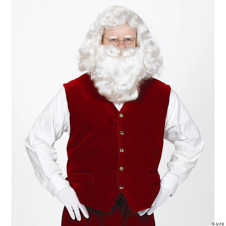 Person wearing a deep red velvet Santa vest with gold buttons over a white long-sleeve shirt, paired with white gloves, wi…