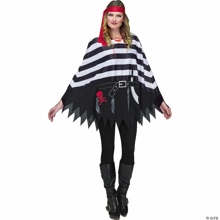 Adults Pirate Black, White & Red Polyester Poncho