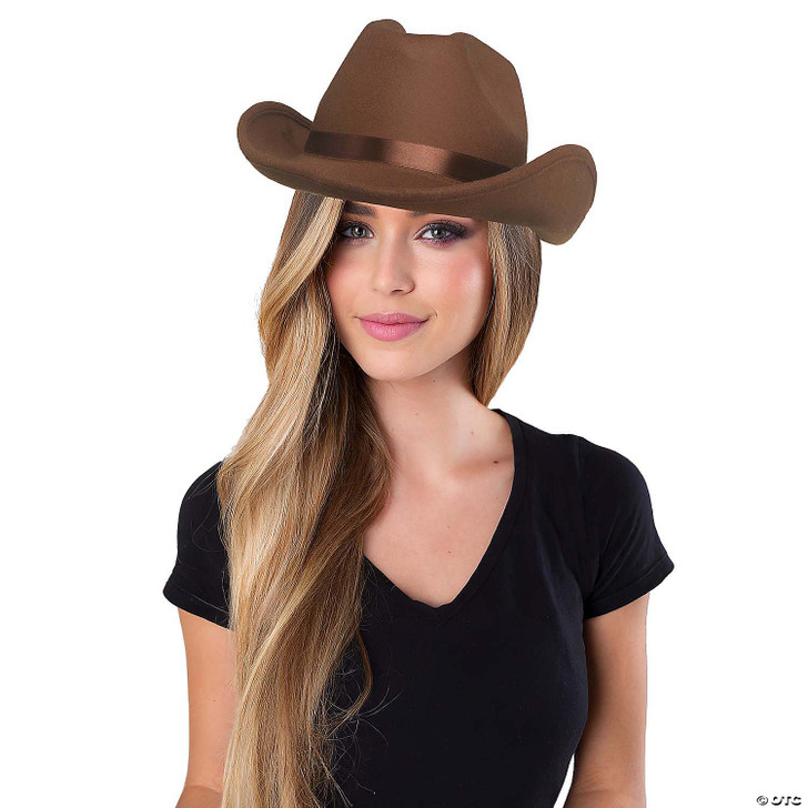 Adults Brown Flocked Polyester Cowboy Hat with Hatband Costume Accessory