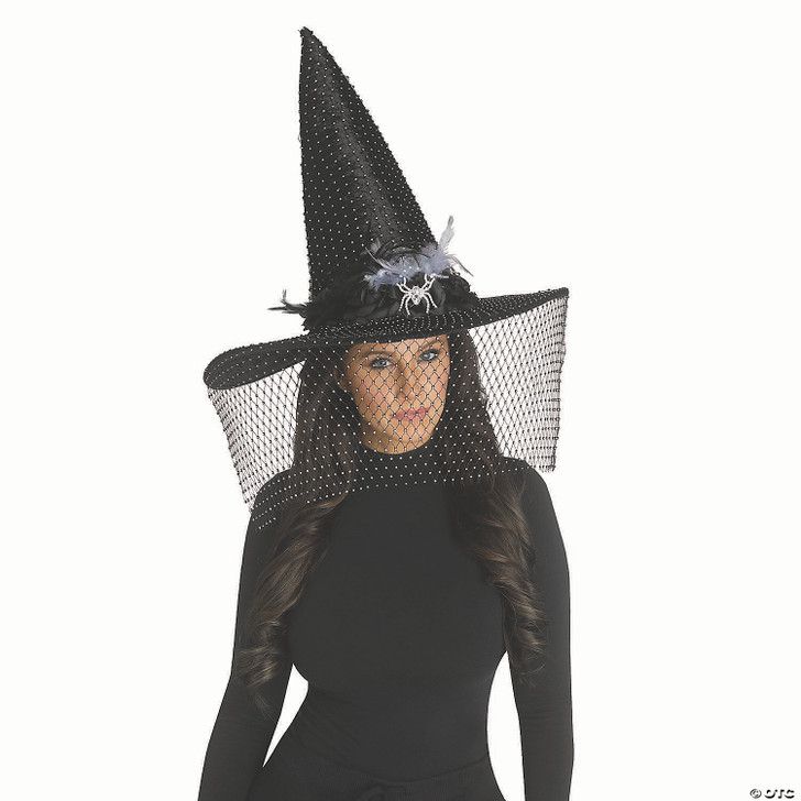 Adults Black Poiyester Witch Hat with Feathers, Spider Bling & Net Veil Costume Accessory