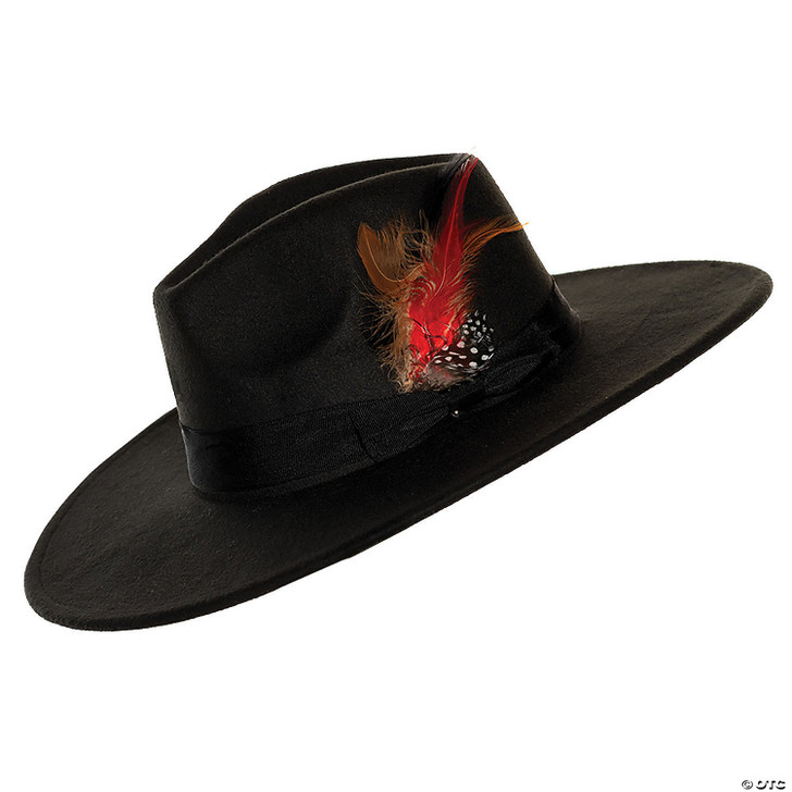 Adults Black Wide Brim Fedora Hat with Feather