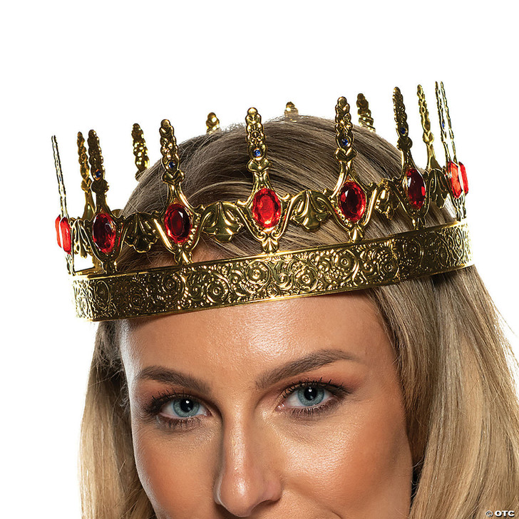 Adults Gold Plastic Crown with Red Faceted Gemstones